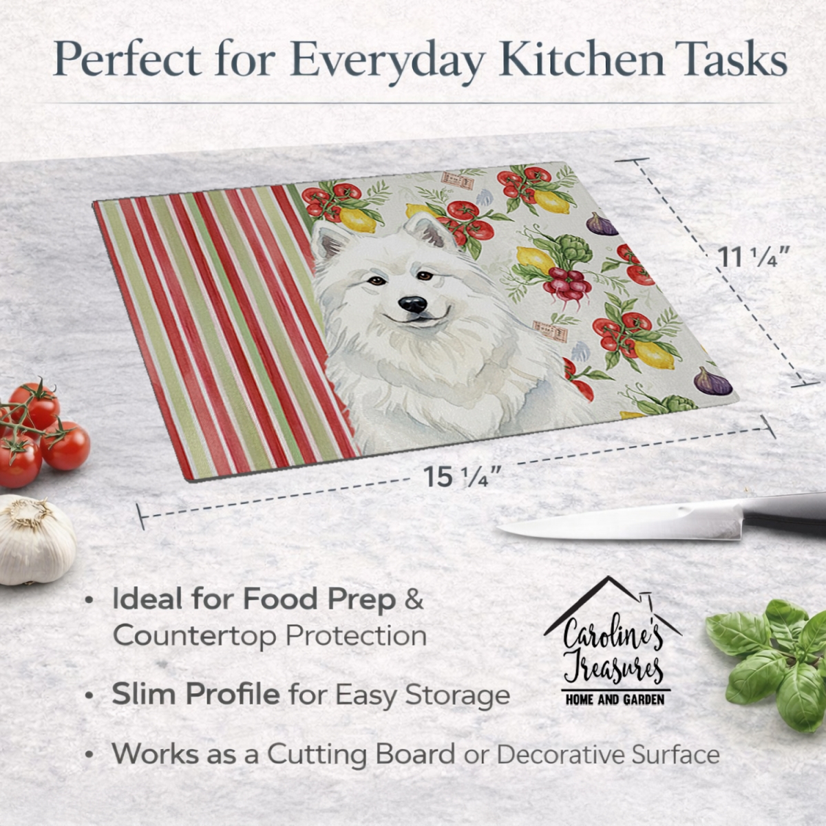 Picture of Carolines Treasures WDK8399LCB 11.25 x 15.25 in. White Samoyed Vegetables Glass Cutting Board