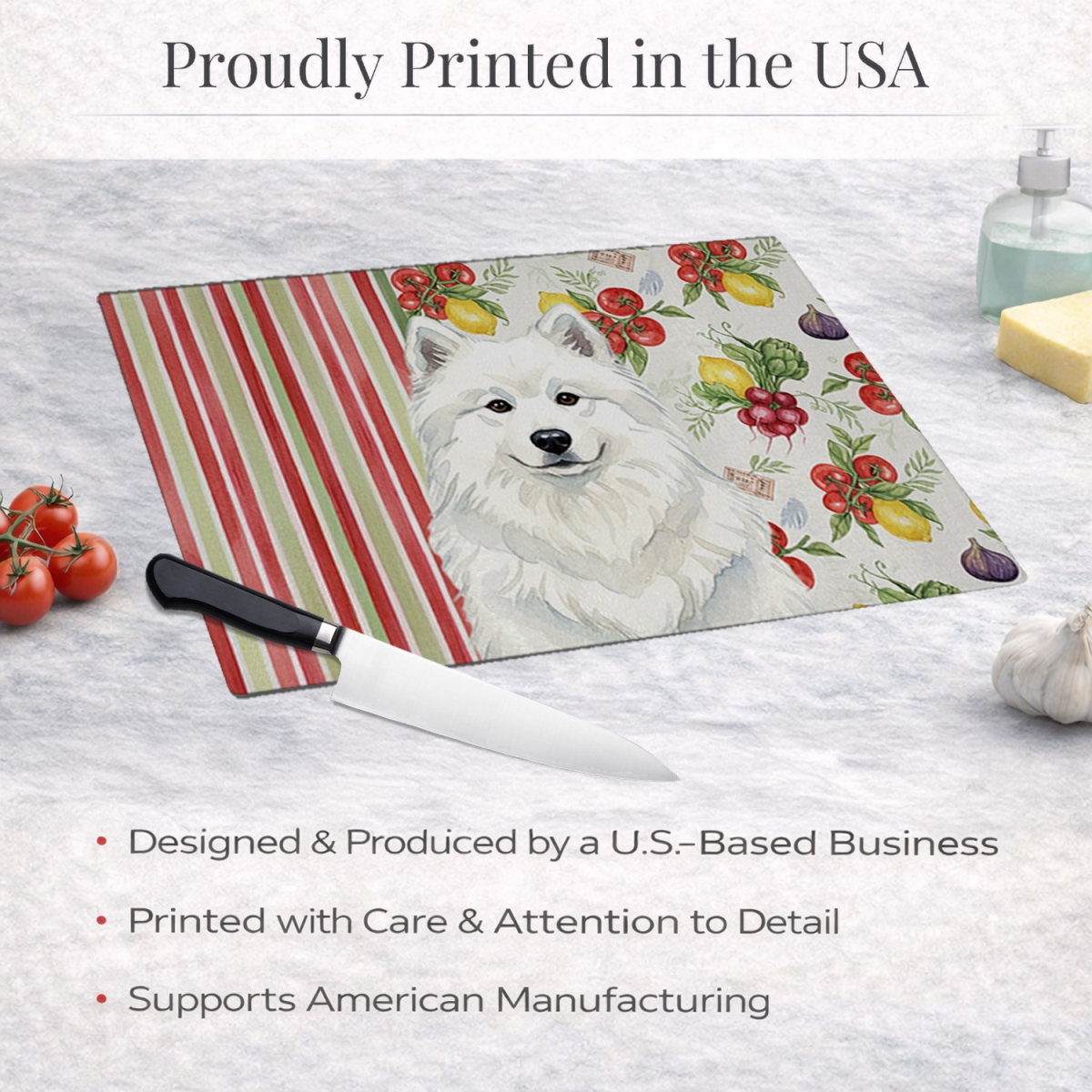 Picture of Carolines Treasures WDK8399LCB 11.25 x 15.25 in. White Samoyed Vegetables Glass Cutting Board