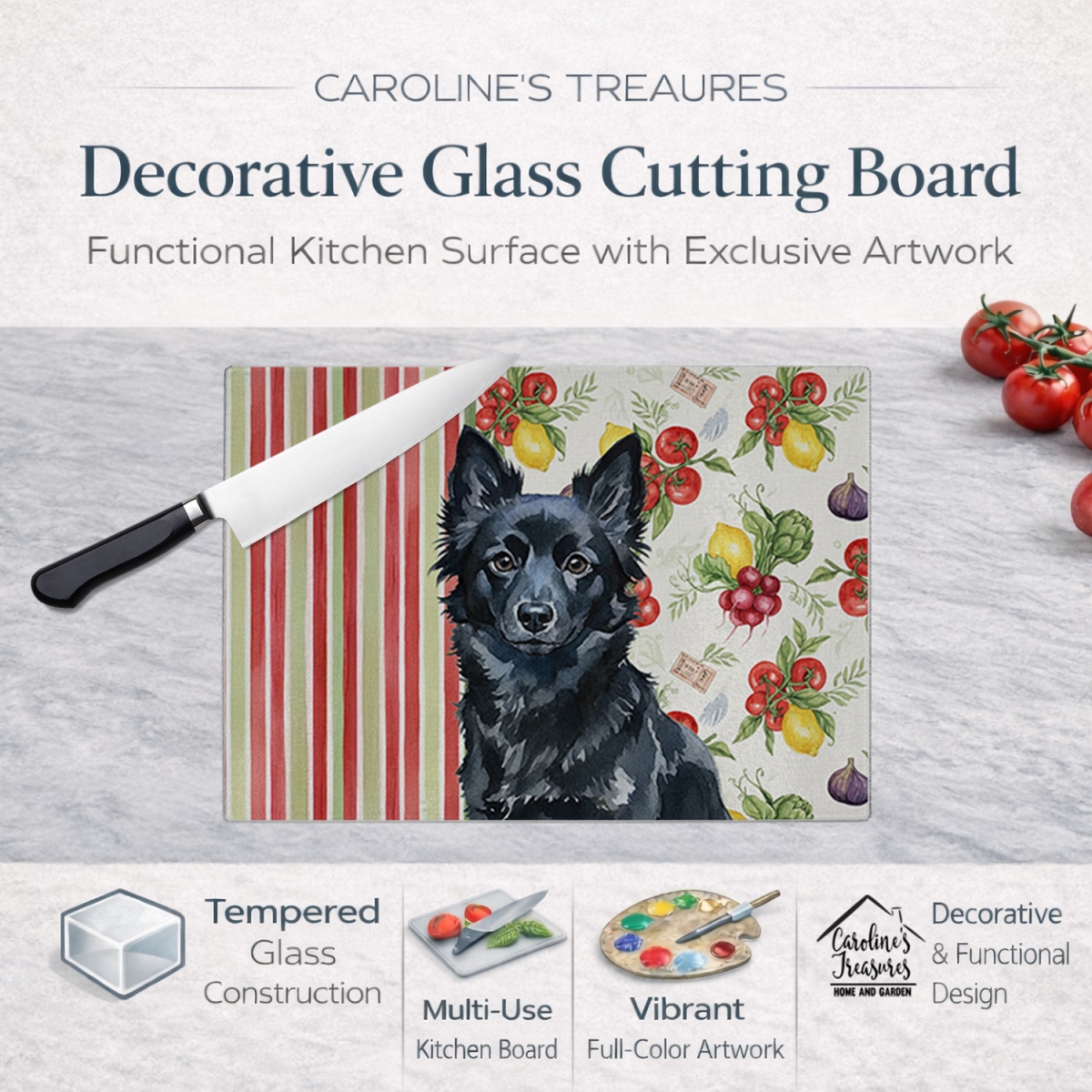 Picture of Carolines Treasures WDK8400LCB 11.25 x 15.25 in. Schipperke Vegetables Glass Cutting Board