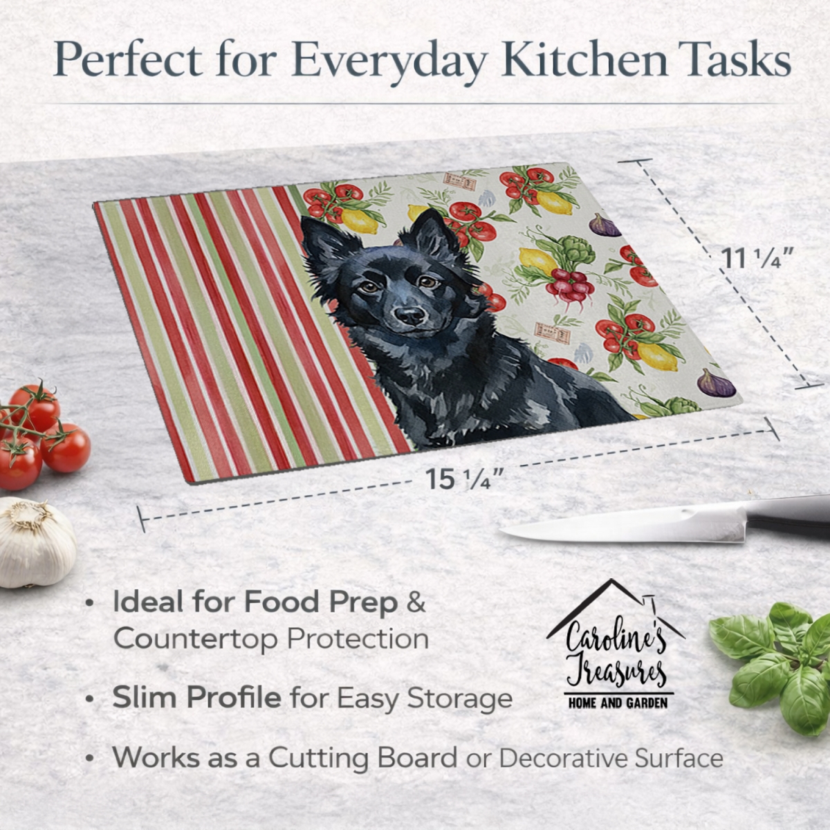 Picture of Carolines Treasures WDK8400LCB 11.25 x 15.25 in. Schipperke Vegetables Glass Cutting Board