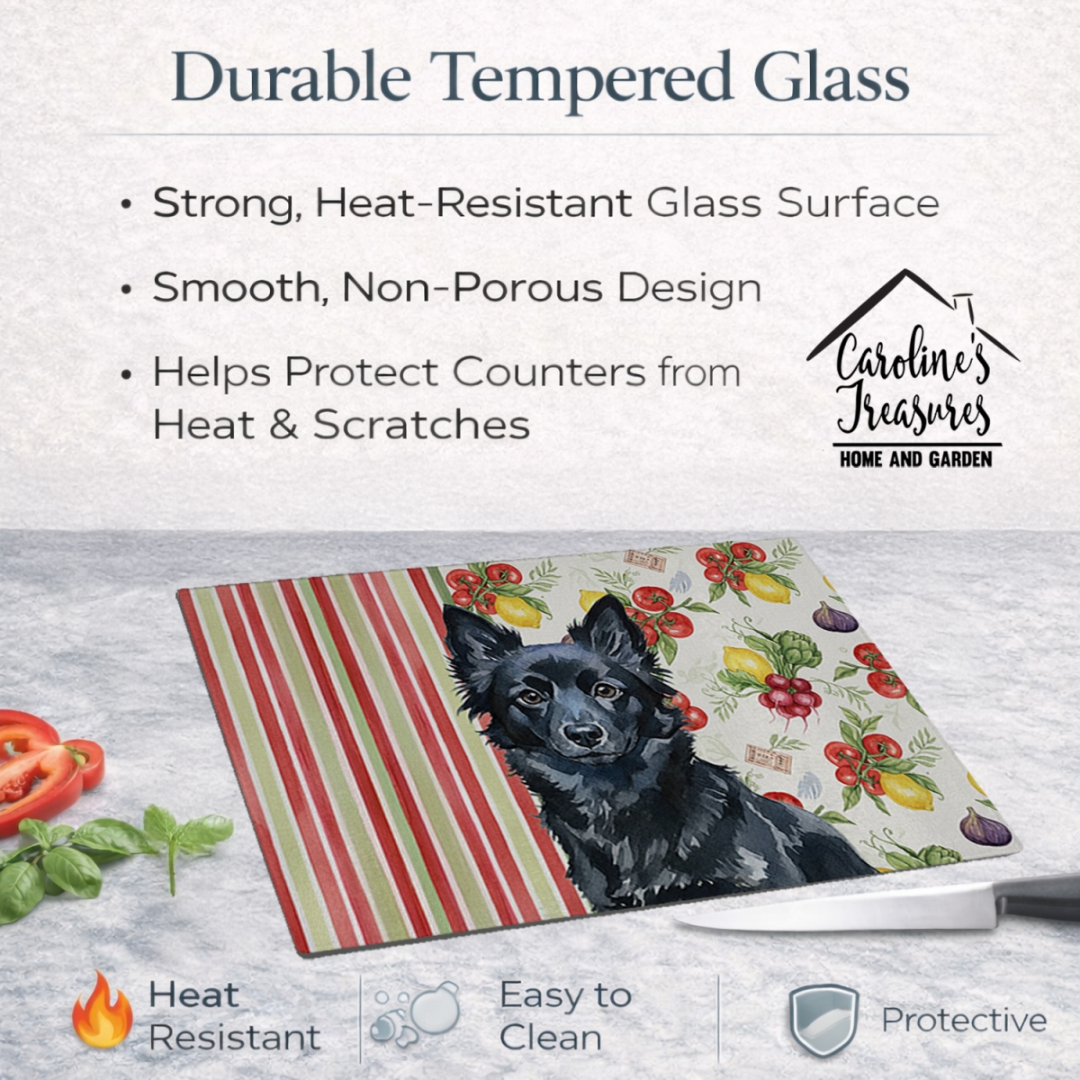 Picture of Carolines Treasures WDK8400LCB 11.25 x 15.25 in. Schipperke Vegetables Glass Cutting Board