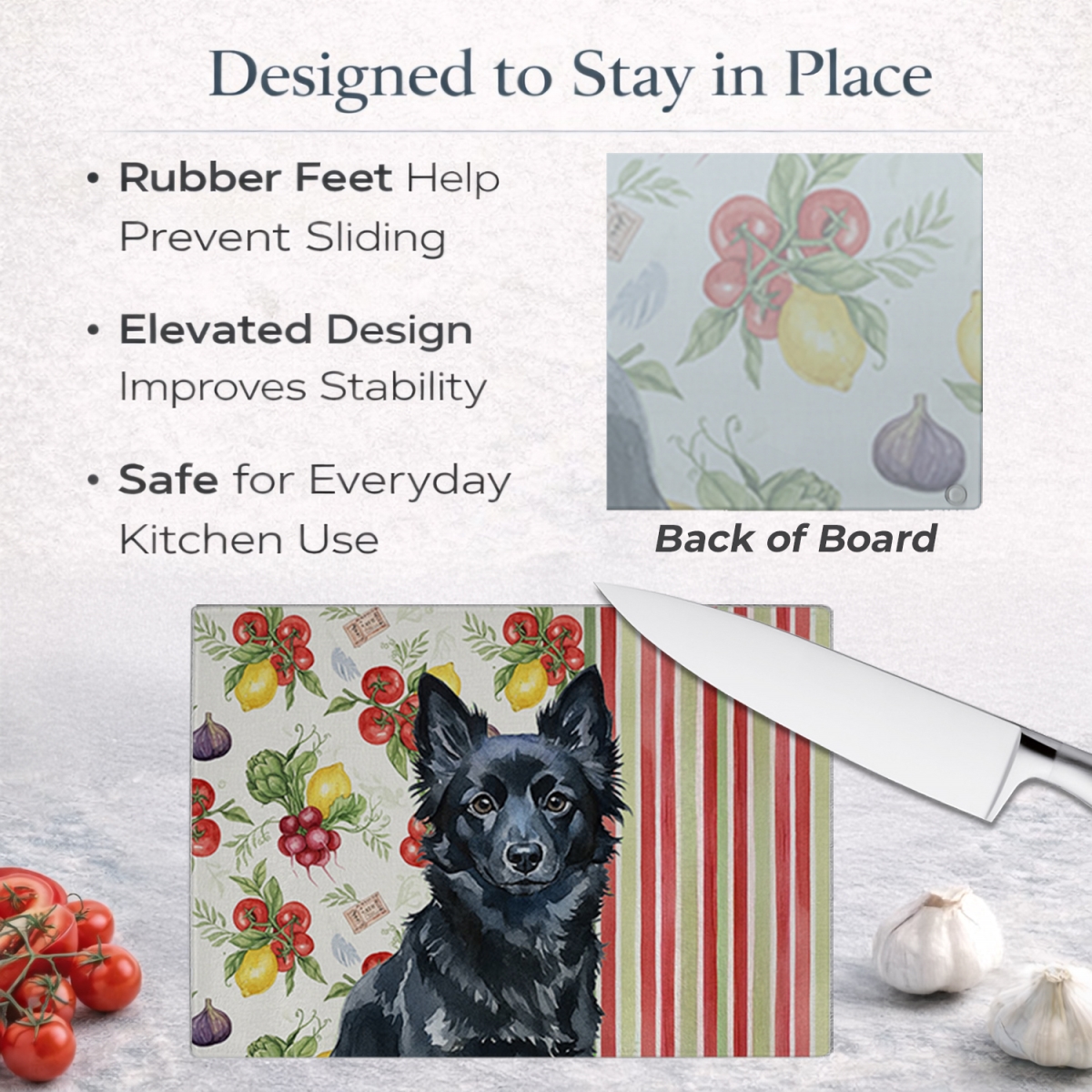 Picture of Carolines Treasures WDK8400LCB 11.25 x 15.25 in. Schipperke Vegetables Glass Cutting Board