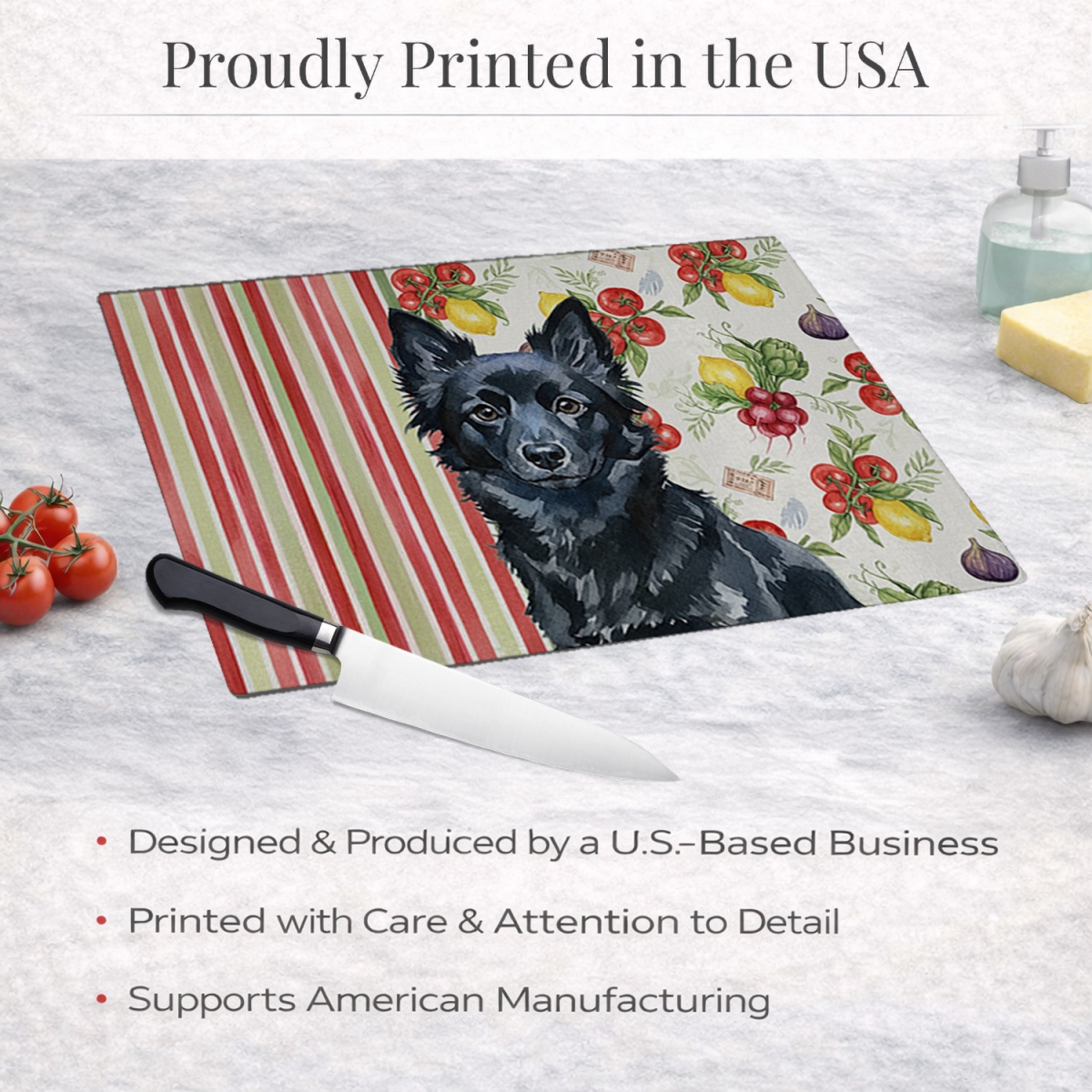 Picture of Carolines Treasures WDK8400LCB 11.25 x 15.25 in. Schipperke Vegetables Glass Cutting Board
