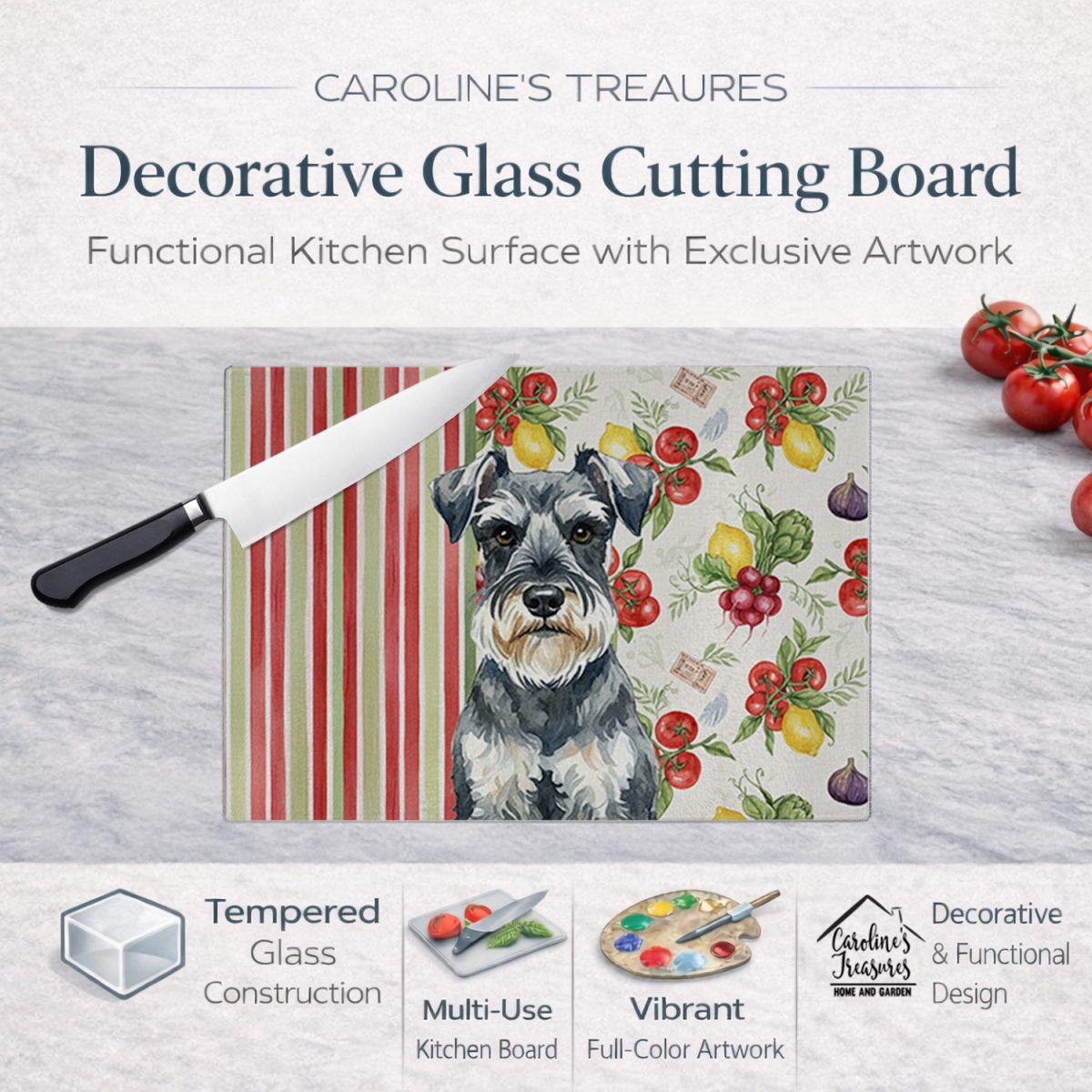 Picture of Carolines Treasures WDK8401LCB 11.25 x 15.25 in. Schnauzer Vegetables Glass Cutting Board