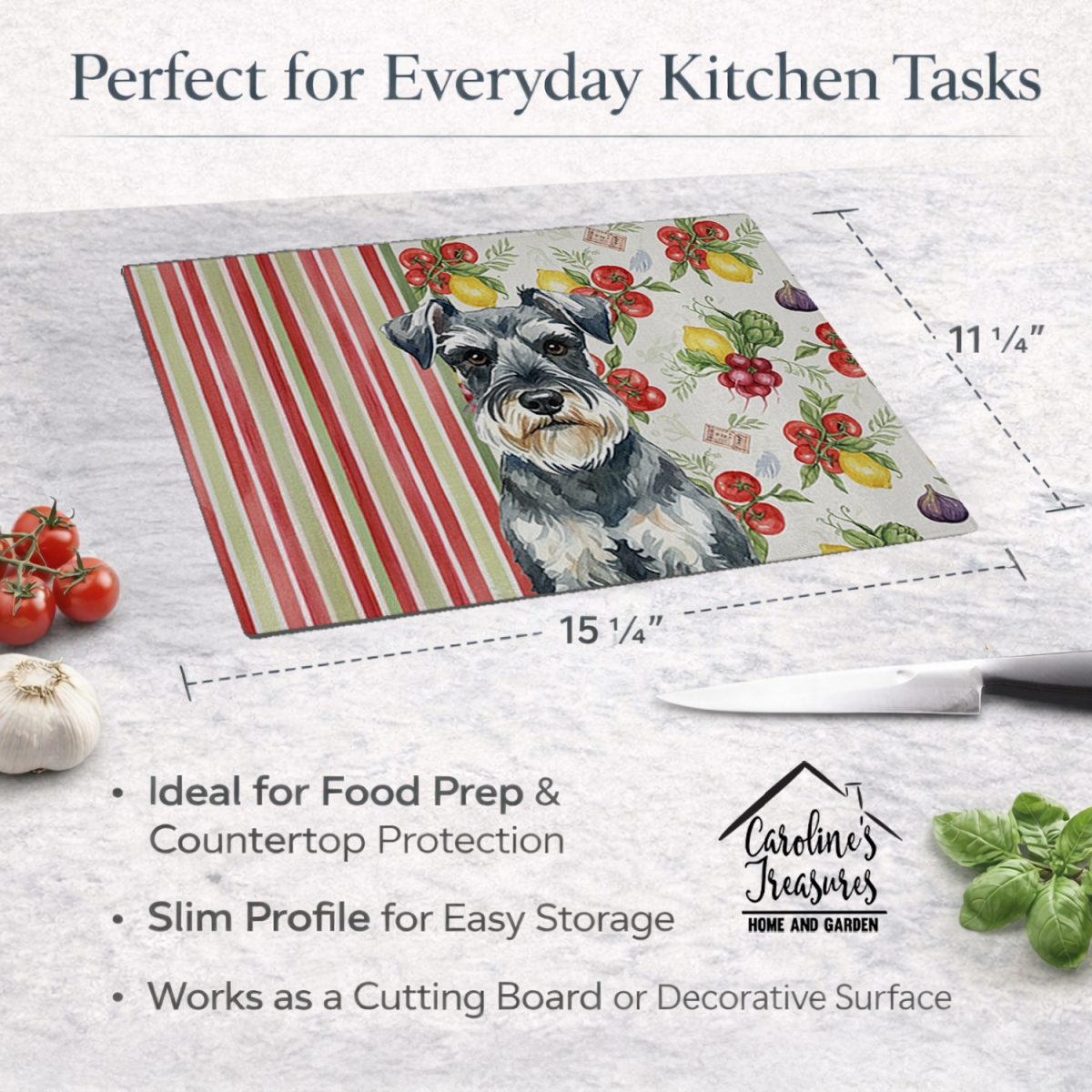 Picture of Carolines Treasures WDK8401LCB 11.25 x 15.25 in. Schnauzer Vegetables Glass Cutting Board