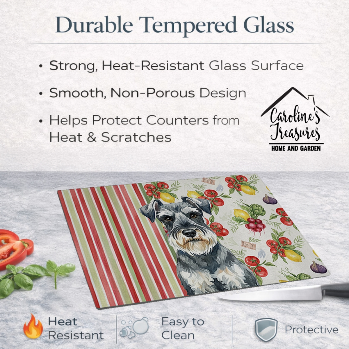 Picture of Carolines Treasures WDK8401LCB 11.25 x 15.25 in. Schnauzer Vegetables Glass Cutting Board