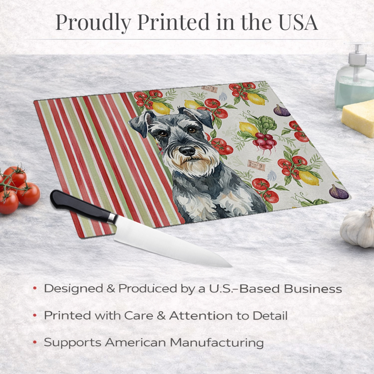 Picture of Carolines Treasures WDK8401LCB 11.25 x 15.25 in. Schnauzer Vegetables Glass Cutting Board