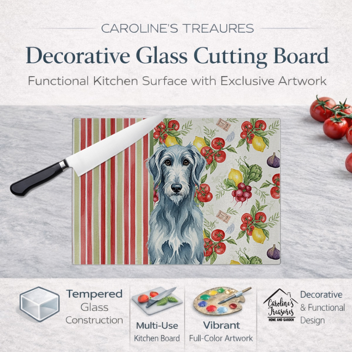 Picture of Carolines Treasures WDK8402LCB 11.25 x 15.25 in. Blue-Gray Scottish Deerhound Vegetables Glass Cutting Board