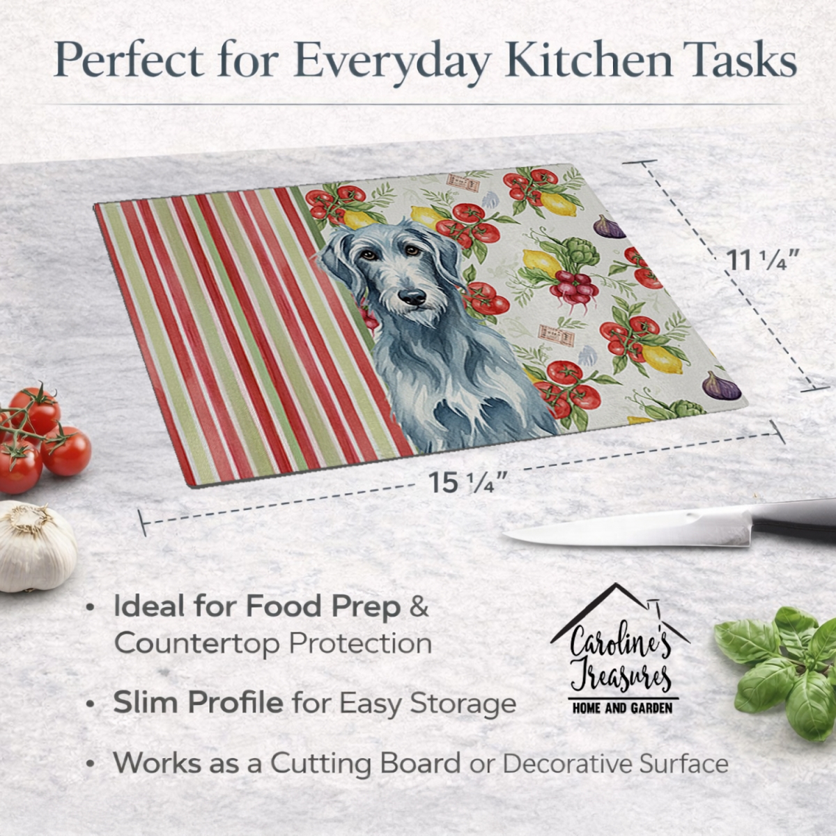 Picture of Carolines Treasures WDK8402LCB 11.25 x 15.25 in. Blue-Gray Scottish Deerhound Vegetables Glass Cutting Board