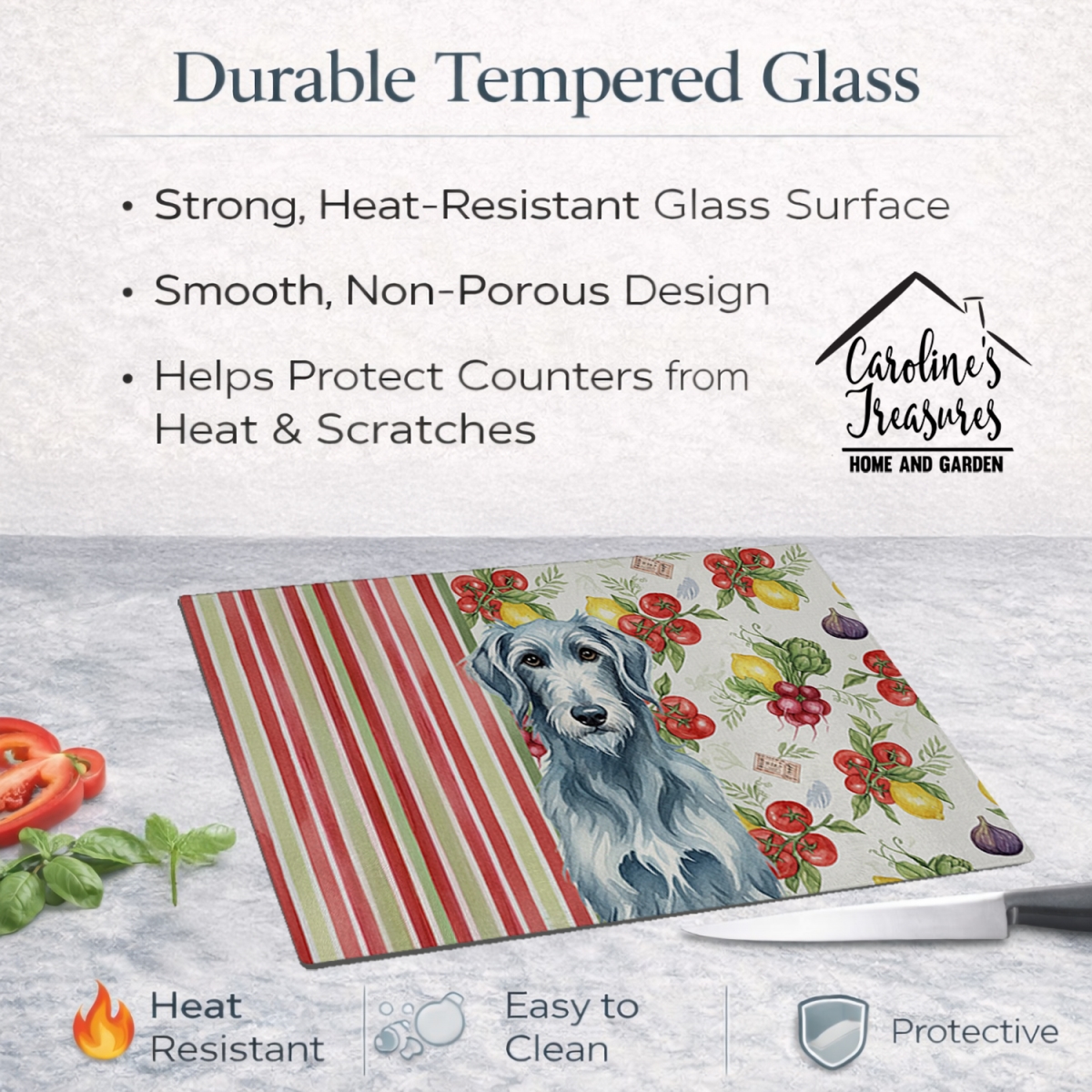 Picture of Carolines Treasures WDK8402LCB 11.25 x 15.25 in. Blue-Gray Scottish Deerhound Vegetables Glass Cutting Board