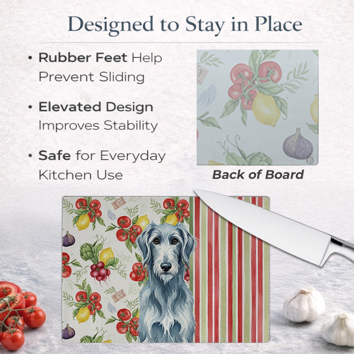 Picture of Carolines Treasures WDK8402LCB 11.25 x 15.25 in. Blue-Gray Scottish Deerhound Vegetables Glass Cutting Board
