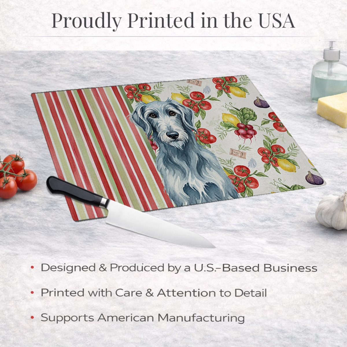 Picture of Carolines Treasures WDK8402LCB 11.25 x 15.25 in. Blue-Gray Scottish Deerhound Vegetables Glass Cutting Board