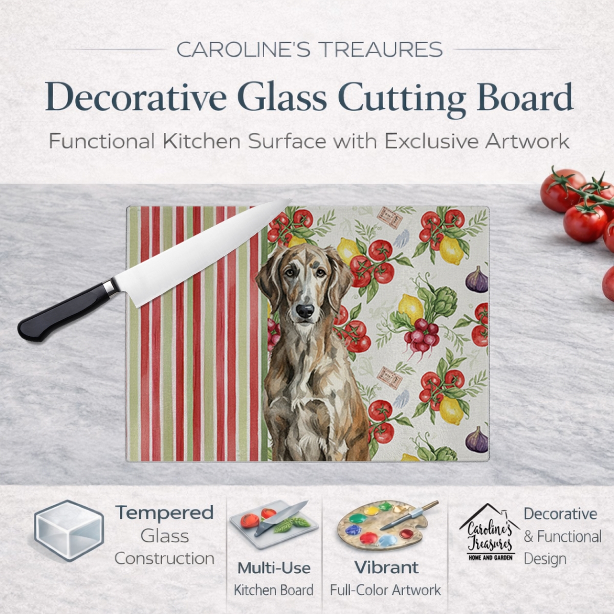 Picture of Carolines Treasures WDK8403LCB 11.25 x 15.25 in. Brindle Scottish Deerhound Vegetables Glass Cutting Board