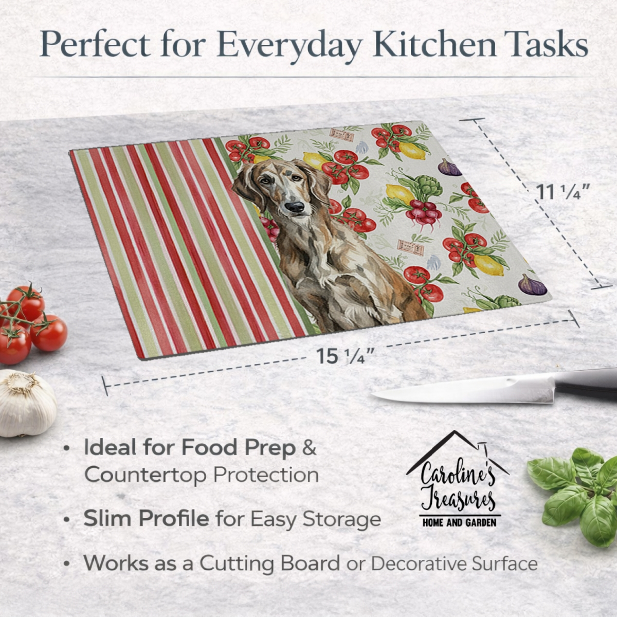 Picture of Carolines Treasures WDK8403LCB 11.25 x 15.25 in. Brindle Scottish Deerhound Vegetables Glass Cutting Board