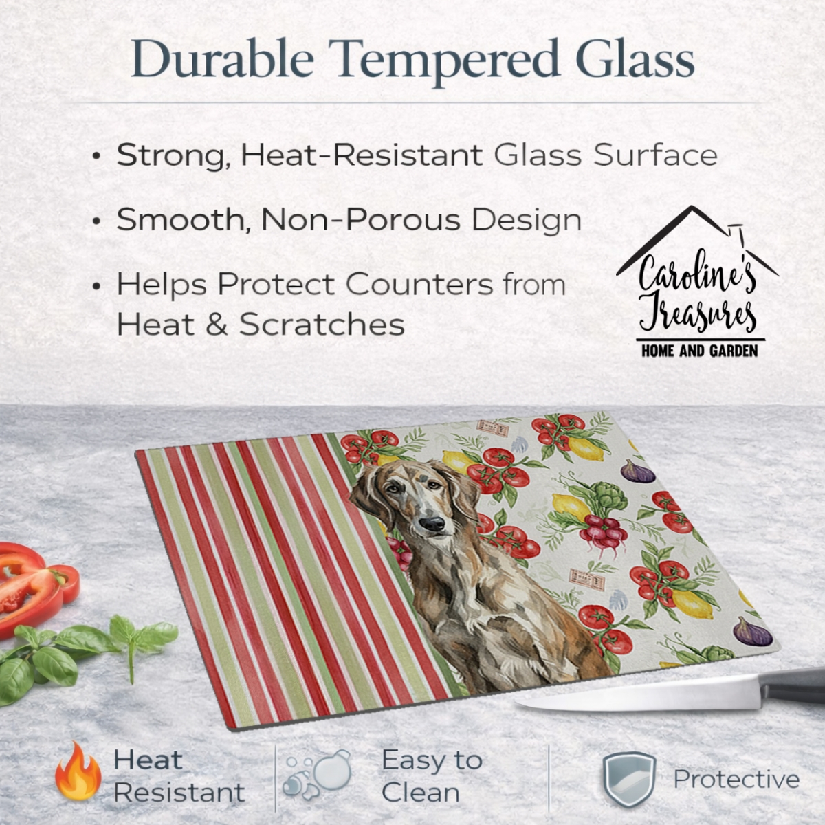 Picture of Carolines Treasures WDK8403LCB 11.25 x 15.25 in. Brindle Scottish Deerhound Vegetables Glass Cutting Board