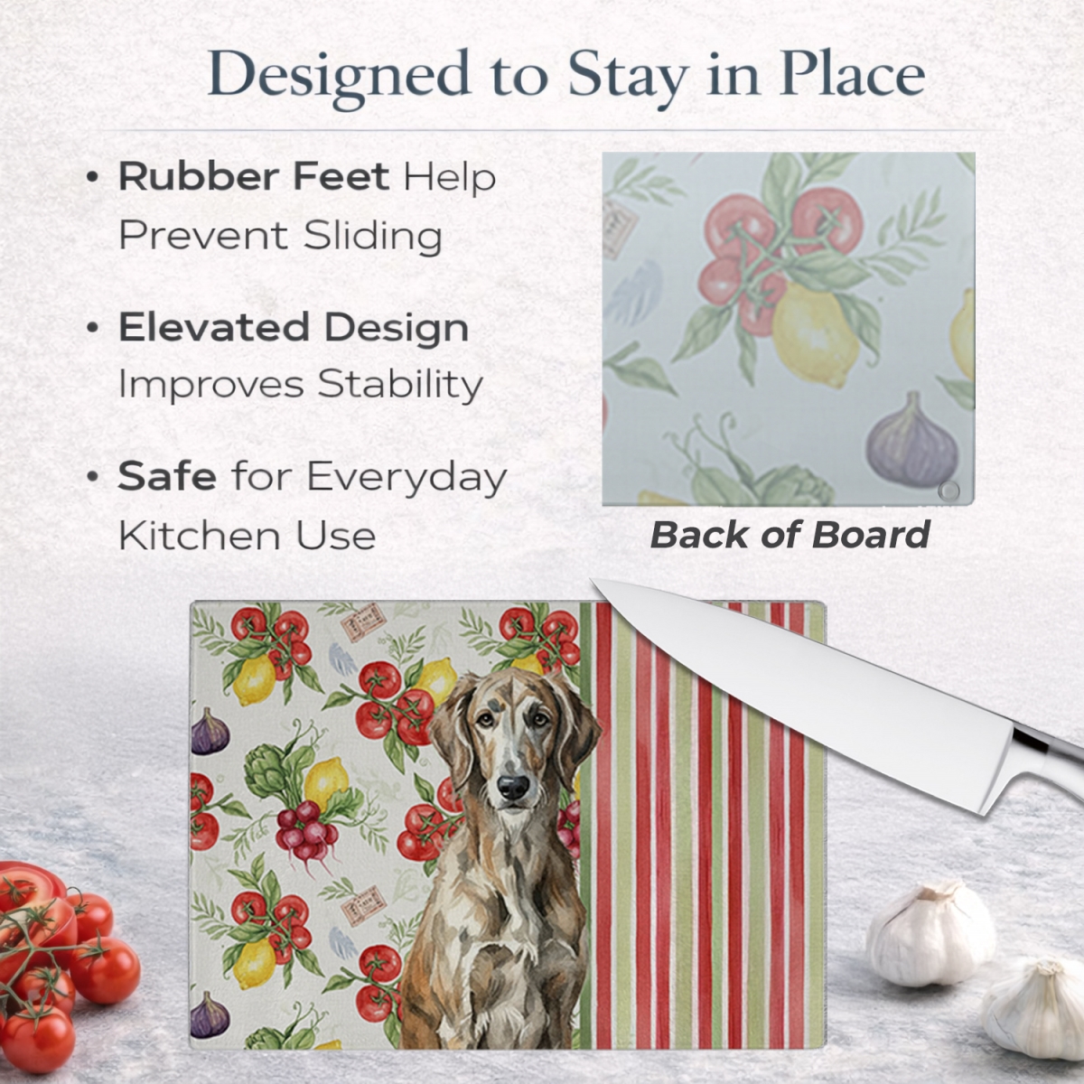Picture of Carolines Treasures WDK8403LCB 11.25 x 15.25 in. Brindle Scottish Deerhound Vegetables Glass Cutting Board