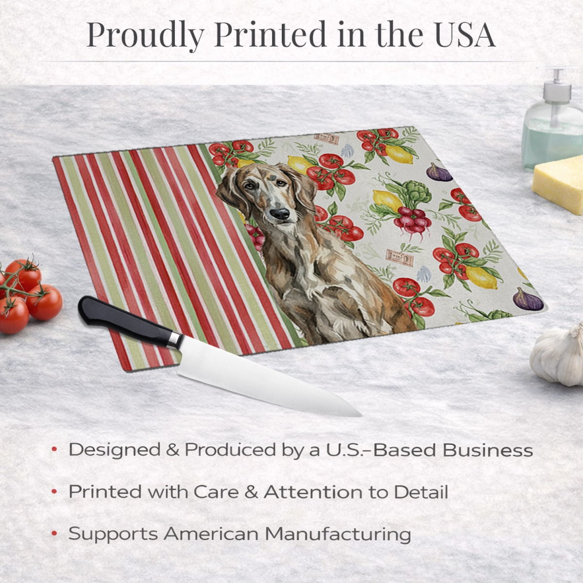 Picture of Carolines Treasures WDK8403LCB 11.25 x 15.25 in. Brindle Scottish Deerhound Vegetables Glass Cutting Board