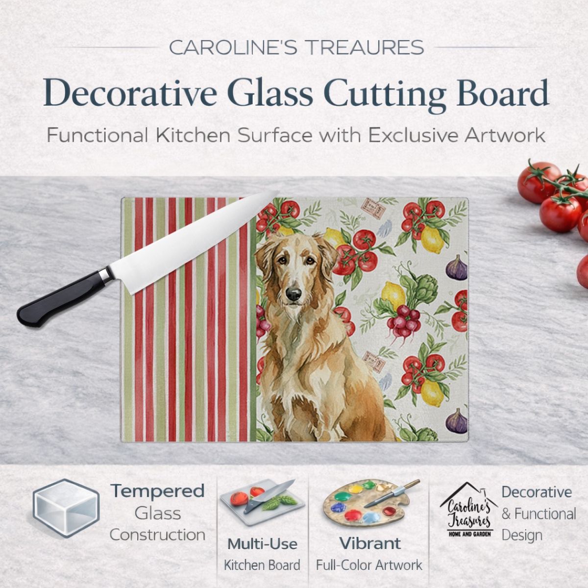 Picture of Carolines Treasures WDK8404LCB 11.25 x 15.25 in. Wheaten Scottish Deerhound Vegetables Glass Cutting Board