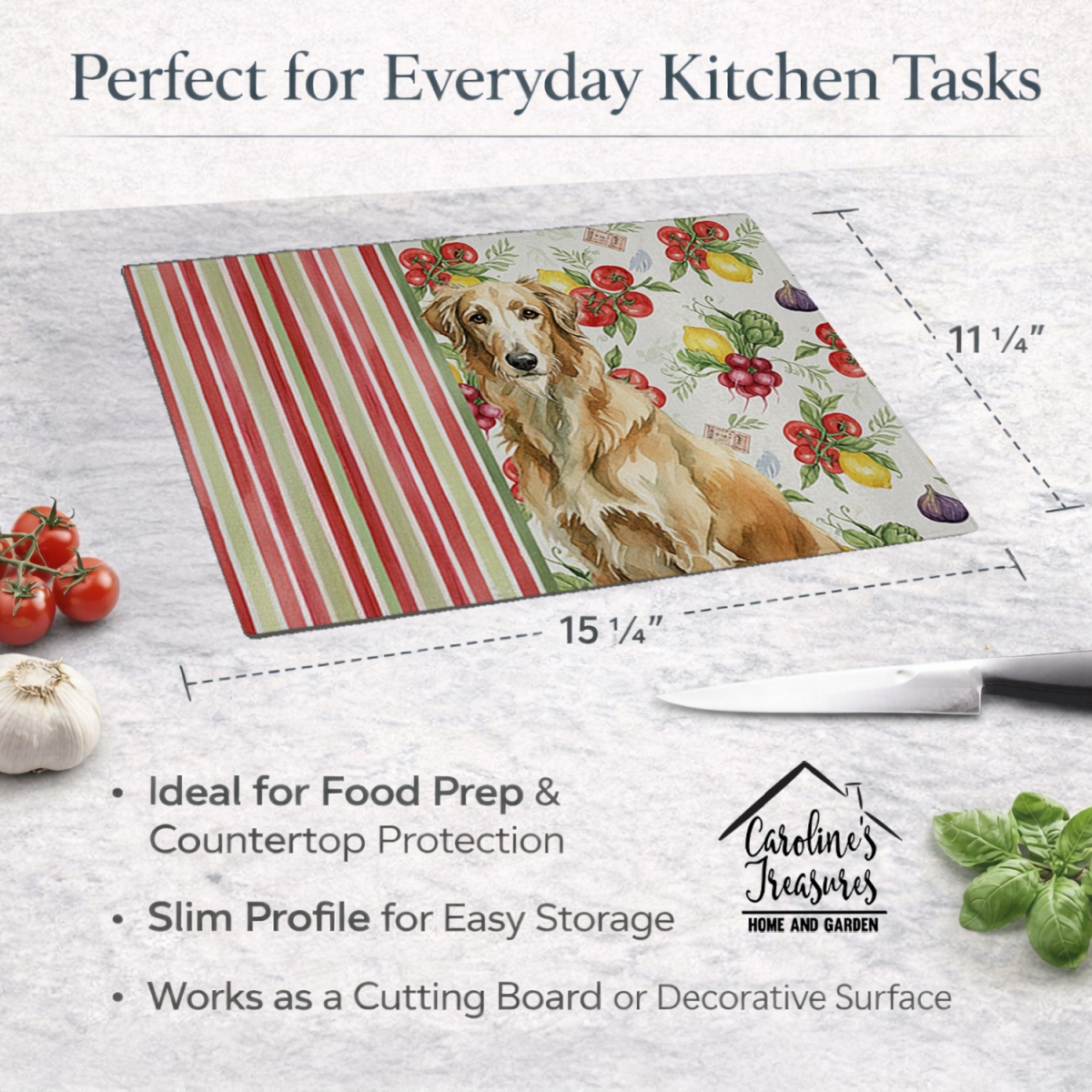 Picture of Carolines Treasures WDK8404LCB 11.25 x 15.25 in. Wheaten Scottish Deerhound Vegetables Glass Cutting Board