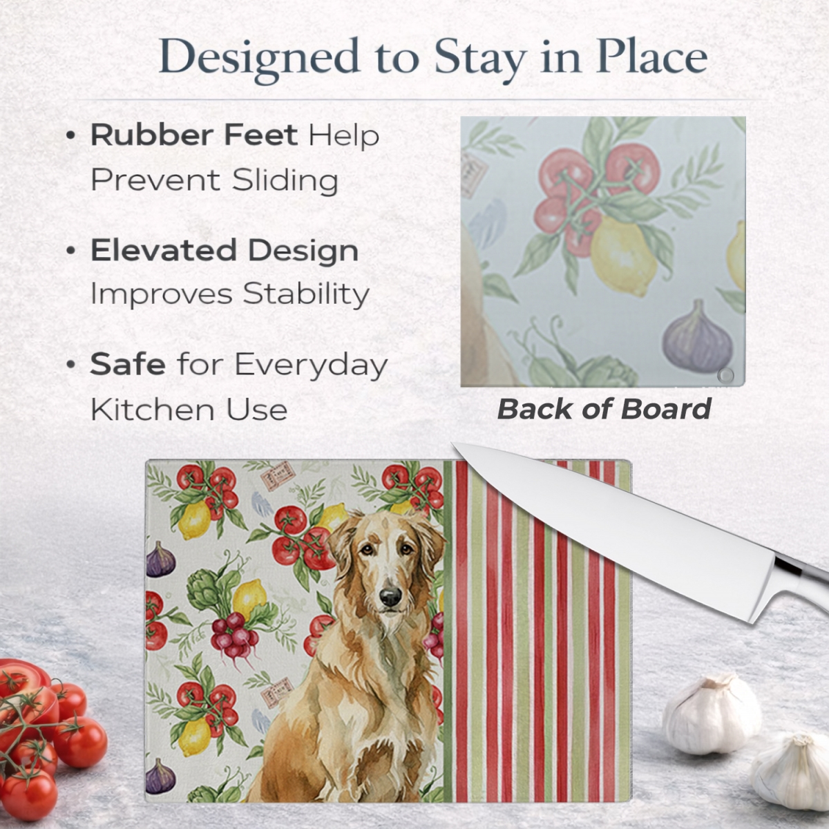 Picture of Carolines Treasures WDK8404LCB 11.25 x 15.25 in. Wheaten Scottish Deerhound Vegetables Glass Cutting Board