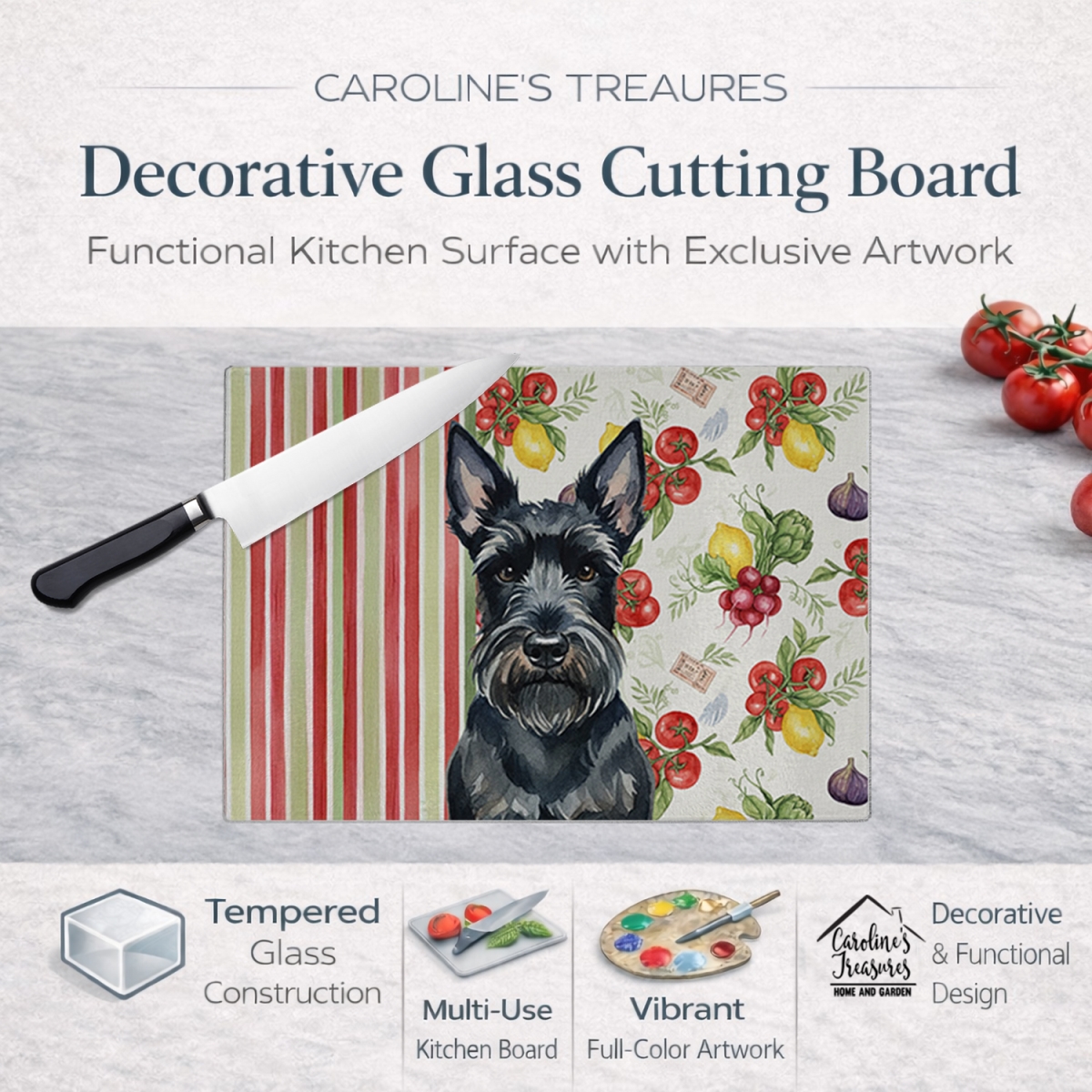 Picture of Carolines Treasures WDK8405LCB 11.25 x 15.25 in. Scottish Terrier Vegetables Glass Cutting Board