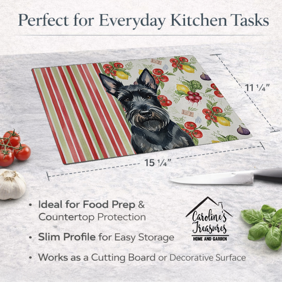 Picture of Carolines Treasures WDK8405LCB 11.25 x 15.25 in. Scottish Terrier Vegetables Glass Cutting Board
