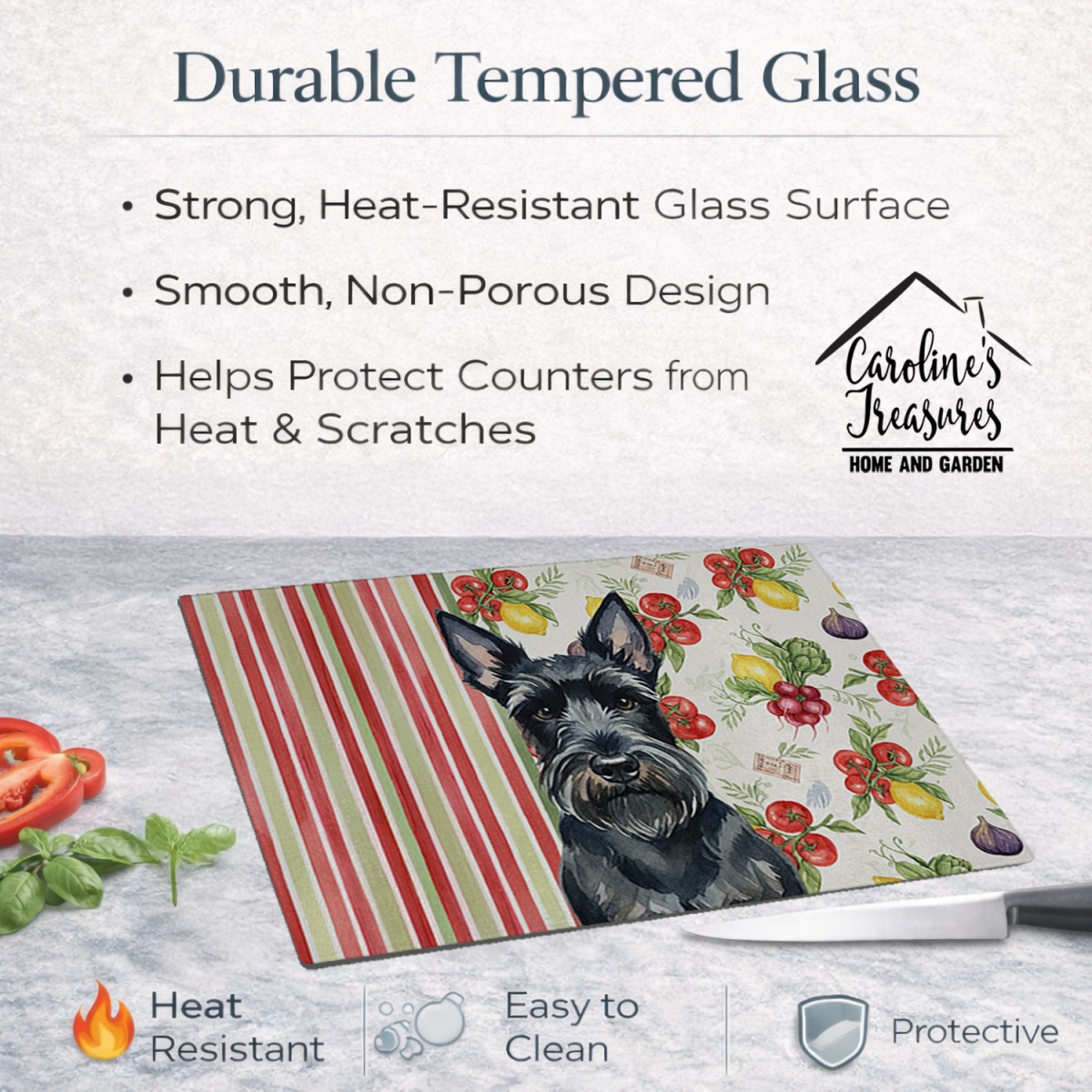 Picture of Carolines Treasures WDK8405LCB 11.25 x 15.25 in. Scottish Terrier Vegetables Glass Cutting Board
