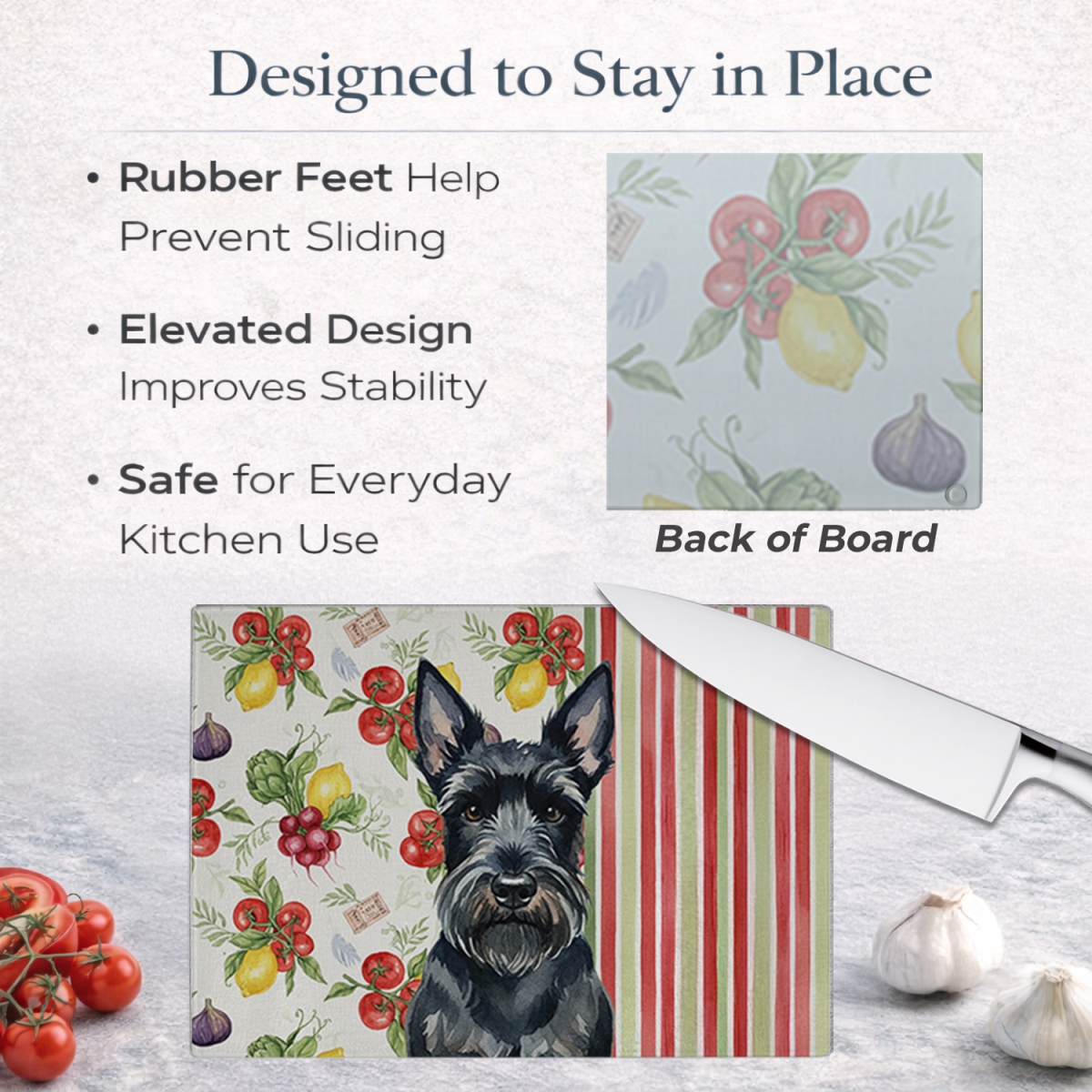 Picture of Carolines Treasures WDK8405LCB 11.25 x 15.25 in. Scottish Terrier Vegetables Glass Cutting Board