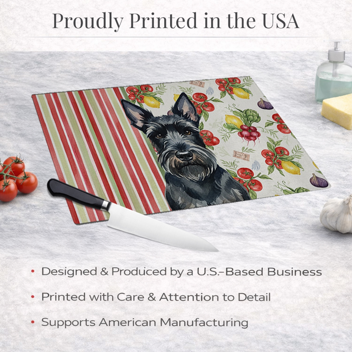 Picture of Carolines Treasures WDK8405LCB 11.25 x 15.25 in. Scottish Terrier Vegetables Glass Cutting Board