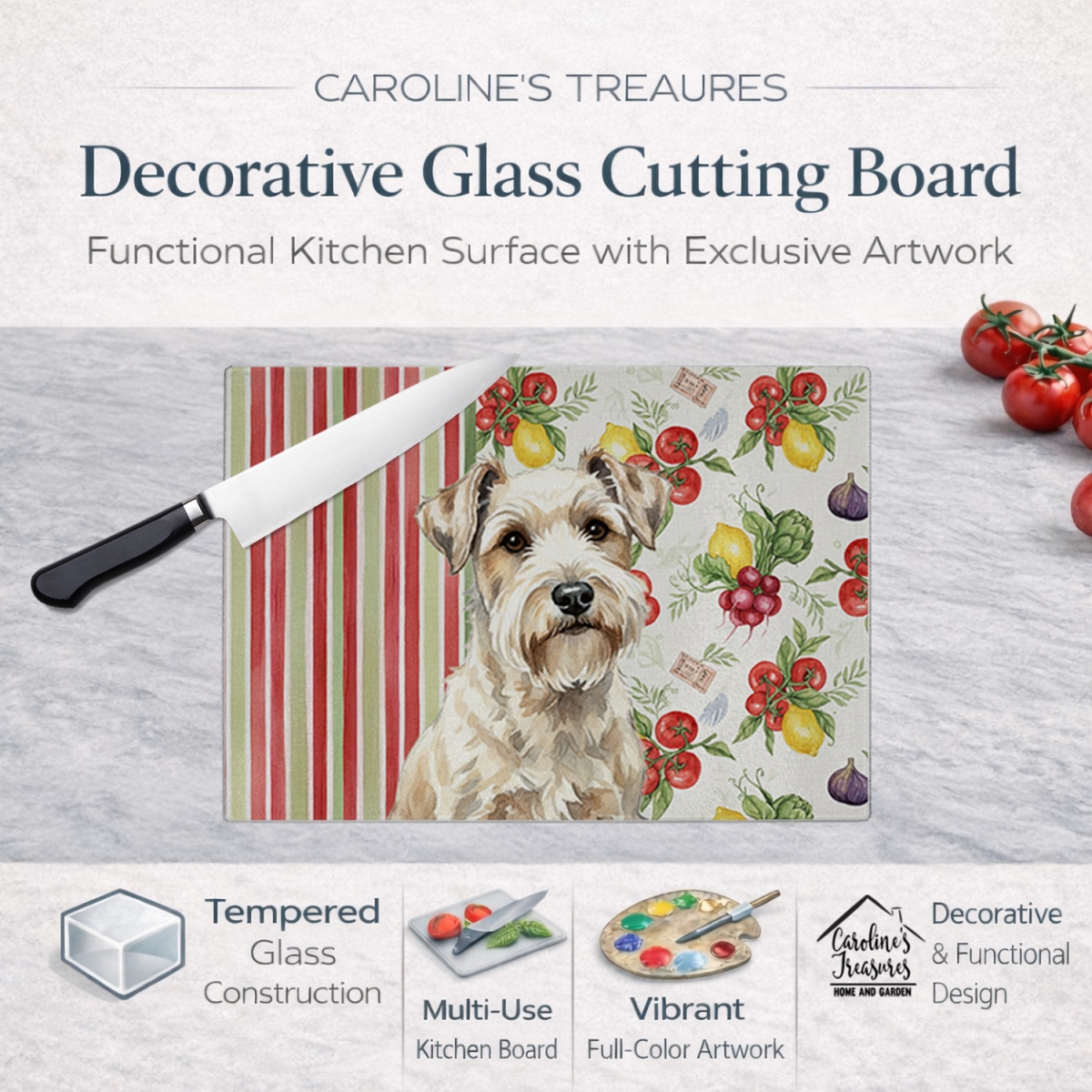 Picture of Carolines Treasures WDK8406LCB 11.25 x 15.25 in. Sealyham Terrier Vegetables Glass Cutting Board