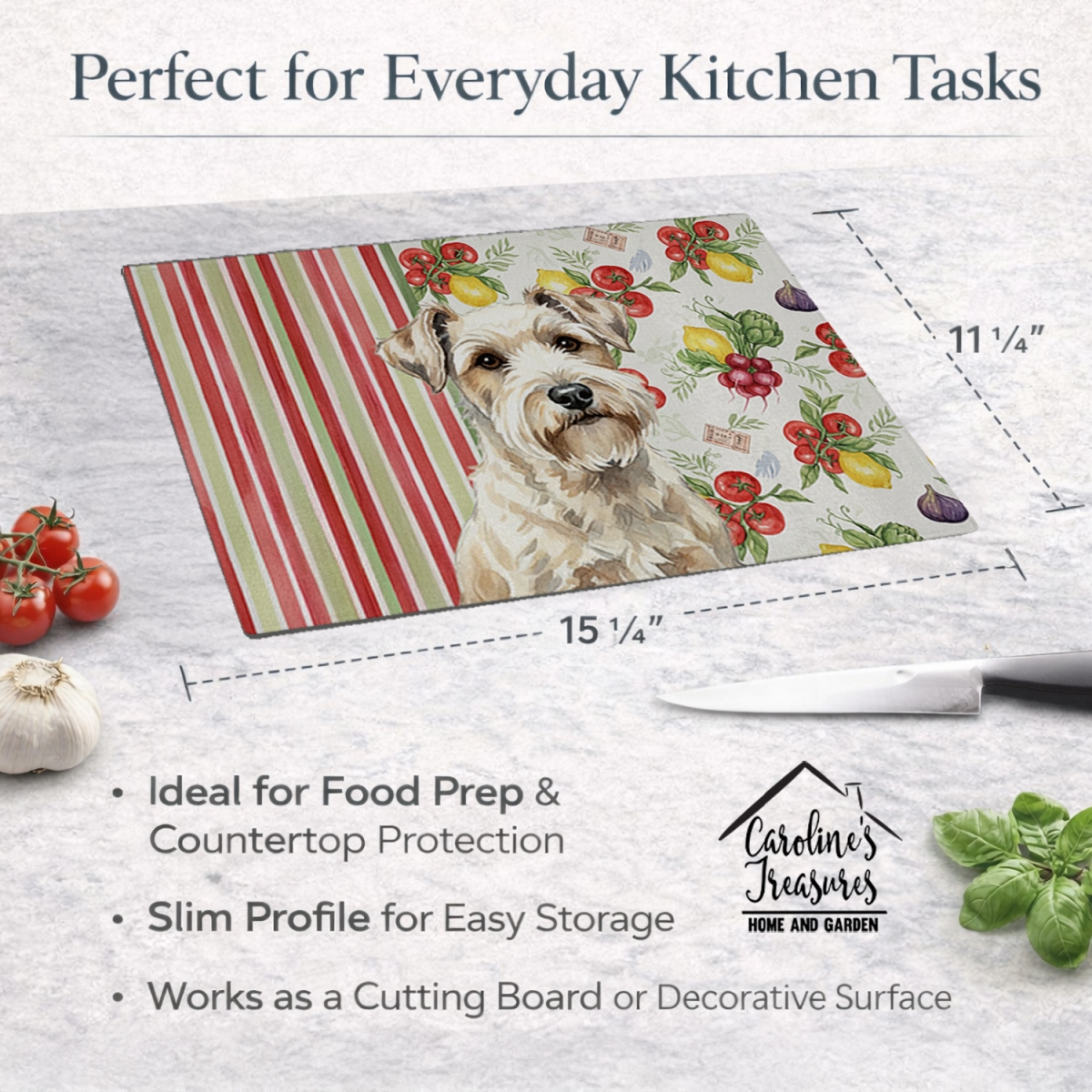Picture of Carolines Treasures WDK8406LCB 11.25 x 15.25 in. Sealyham Terrier Vegetables Glass Cutting Board