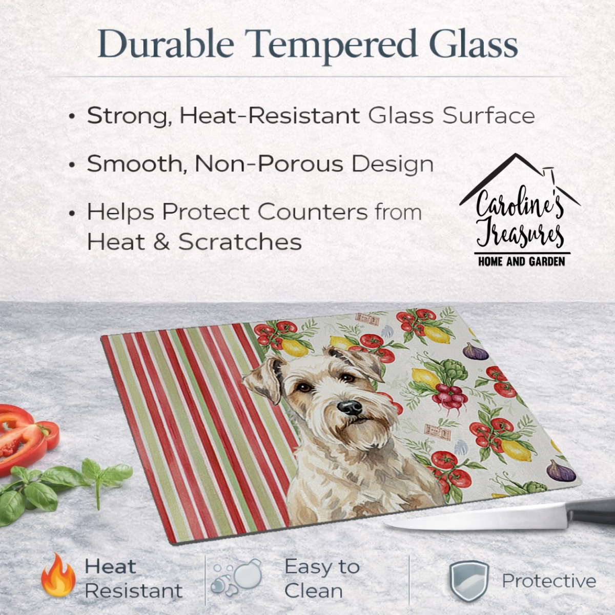 Picture of Carolines Treasures WDK8406LCB 11.25 x 15.25 in. Sealyham Terrier Vegetables Glass Cutting Board