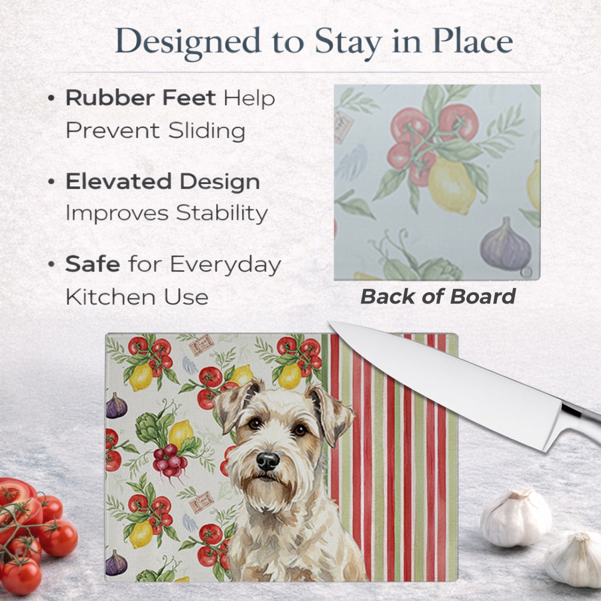 Picture of Carolines Treasures WDK8406LCB 11.25 x 15.25 in. Sealyham Terrier Vegetables Glass Cutting Board