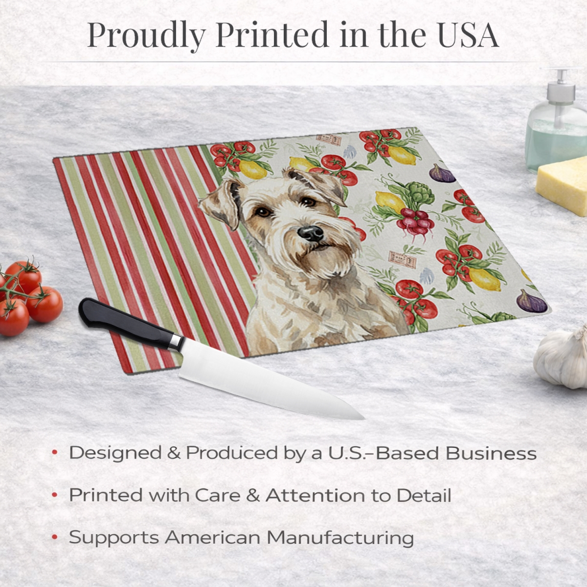 Picture of Carolines Treasures WDK8406LCB 11.25 x 15.25 in. Sealyham Terrier Vegetables Glass Cutting Board