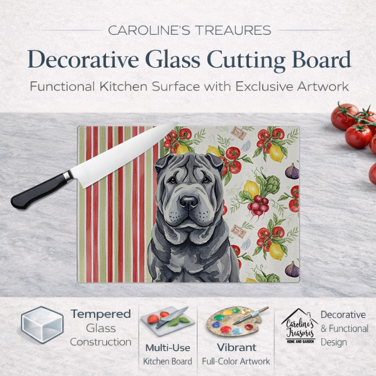 Picture of Carolines Treasures WDK8407LCB 11.25 x 15.25 in. Black Shar Pei Vegetables Glass Cutting Board
