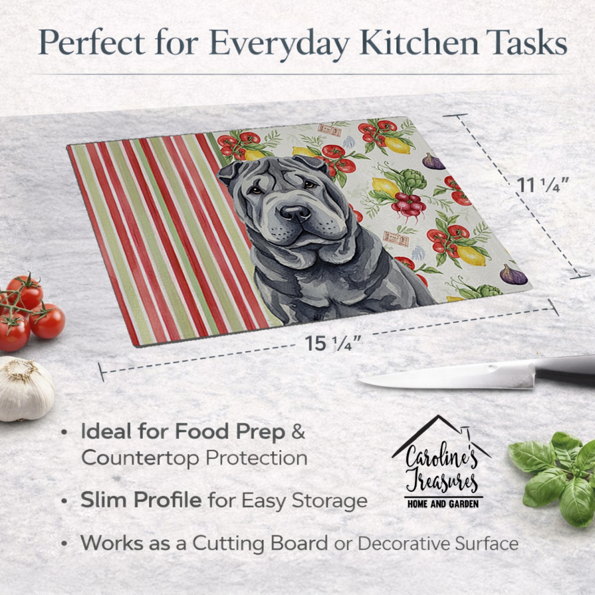 Picture of Carolines Treasures WDK8407LCB 11.25 x 15.25 in. Black Shar Pei Vegetables Glass Cutting Board