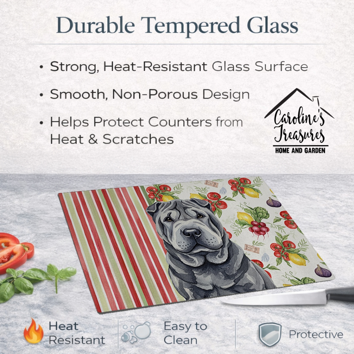 Picture of Carolines Treasures WDK8407LCB 11.25 x 15.25 in. Black Shar Pei Vegetables Glass Cutting Board