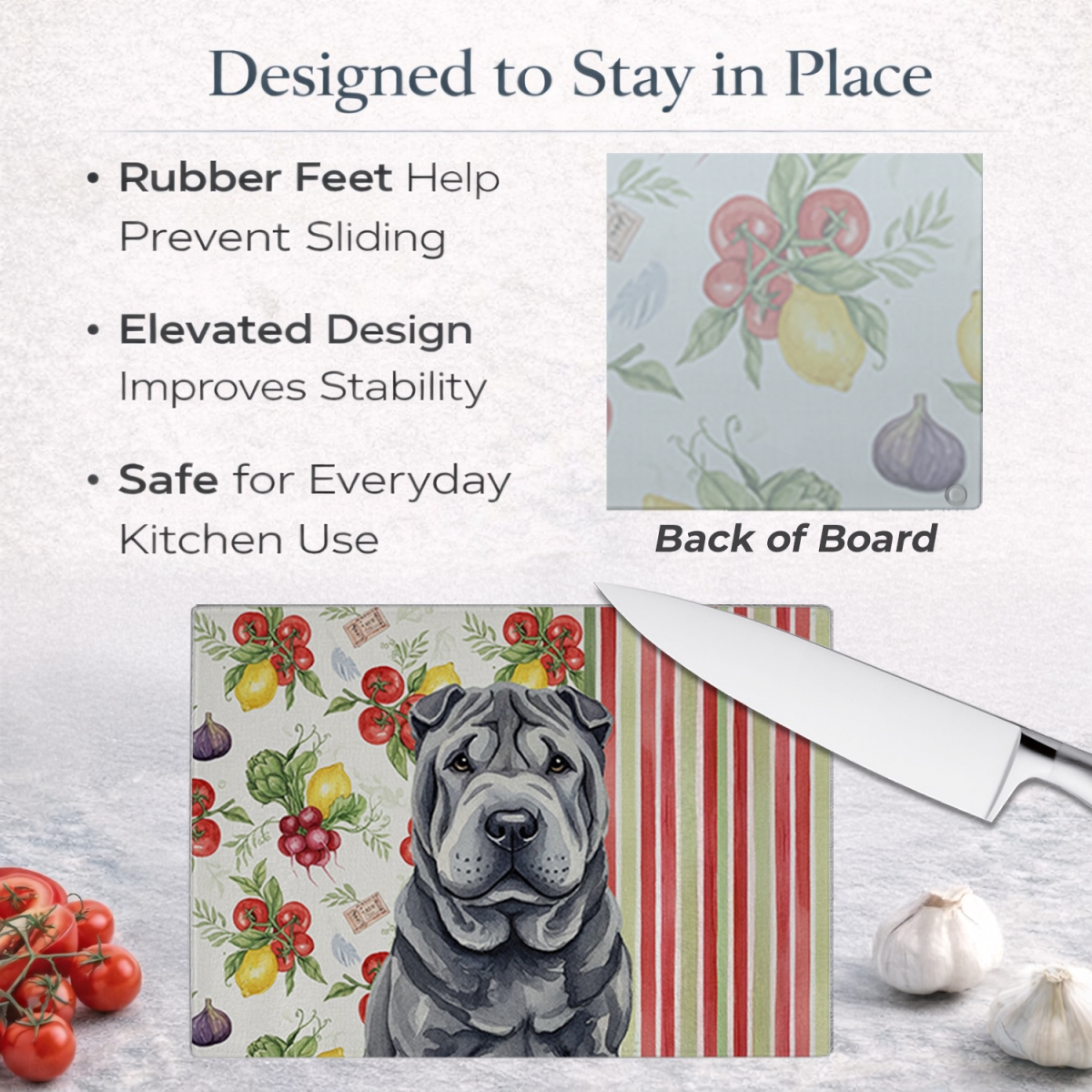 Picture of Carolines Treasures WDK8407LCB 11.25 x 15.25 in. Black Shar Pei Vegetables Glass Cutting Board