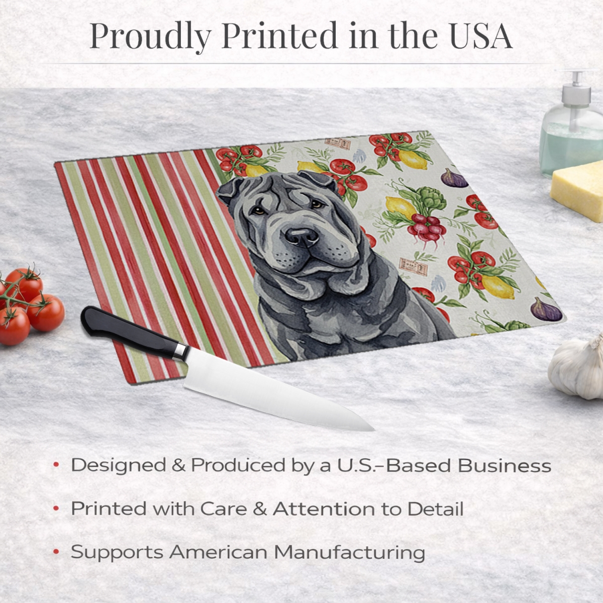 Picture of Carolines Treasures WDK8407LCB 11.25 x 15.25 in. Black Shar Pei Vegetables Glass Cutting Board