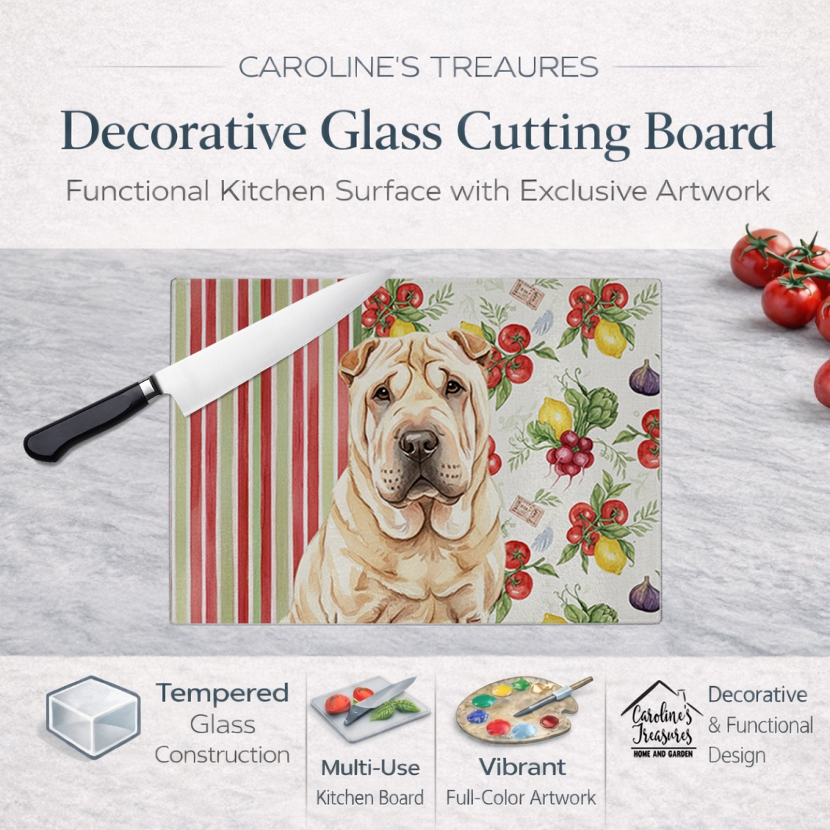 Picture of Carolines Treasures WDK8408LCB 11.25 x 15.25 in. Shar Pei Vegetables Glass Cutting Board