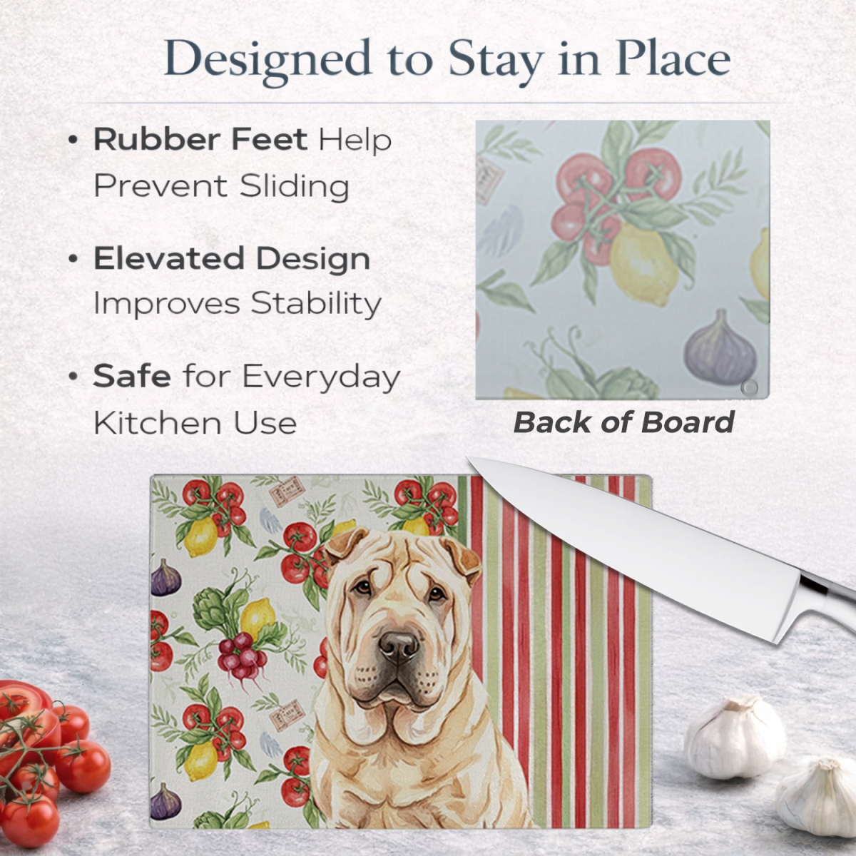 Picture of Carolines Treasures WDK8408LCB 11.25 x 15.25 in. Shar Pei Vegetables Glass Cutting Board