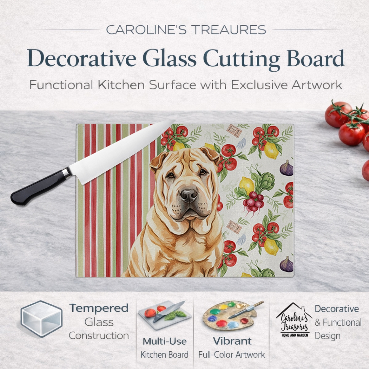 Picture of Carolines Treasures WDK8409LCB 11.25 x 15.25 in. Red Shar Pei Vegetables Glass Cutting Board