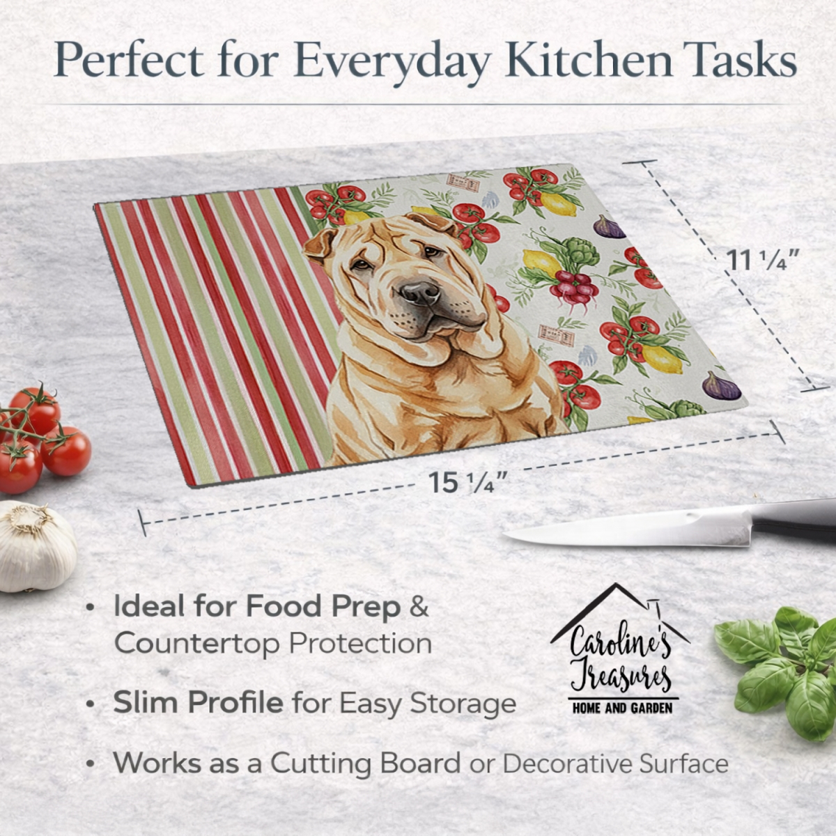 Picture of Carolines Treasures WDK8409LCB 11.25 x 15.25 in. Red Shar Pei Vegetables Glass Cutting Board