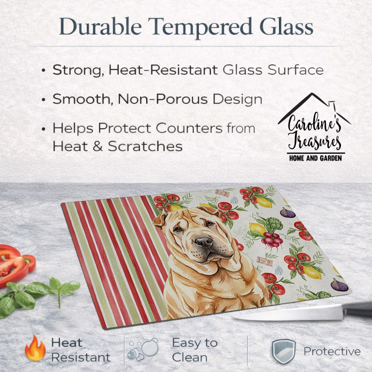 Picture of Carolines Treasures WDK8409LCB 11.25 x 15.25 in. Red Shar Pei Vegetables Glass Cutting Board