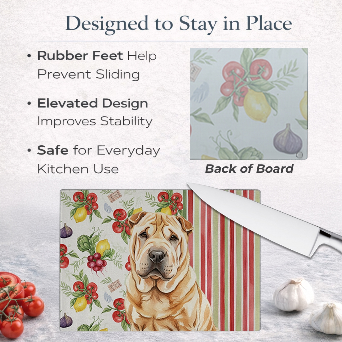 Picture of Carolines Treasures WDK8409LCB 11.25 x 15.25 in. Red Shar Pei Vegetables Glass Cutting Board