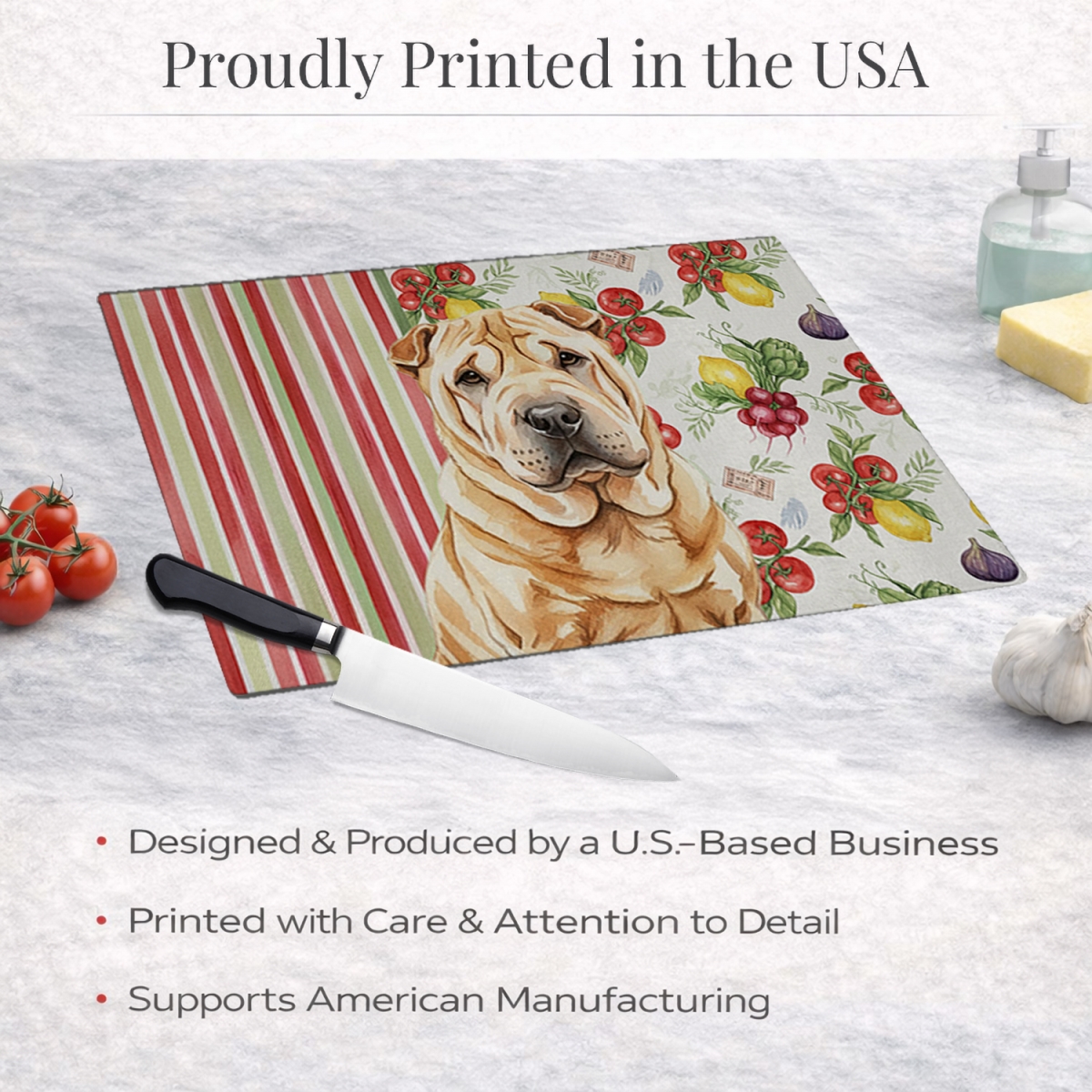 Picture of Carolines Treasures WDK8409LCB 11.25 x 15.25 in. Red Shar Pei Vegetables Glass Cutting Board