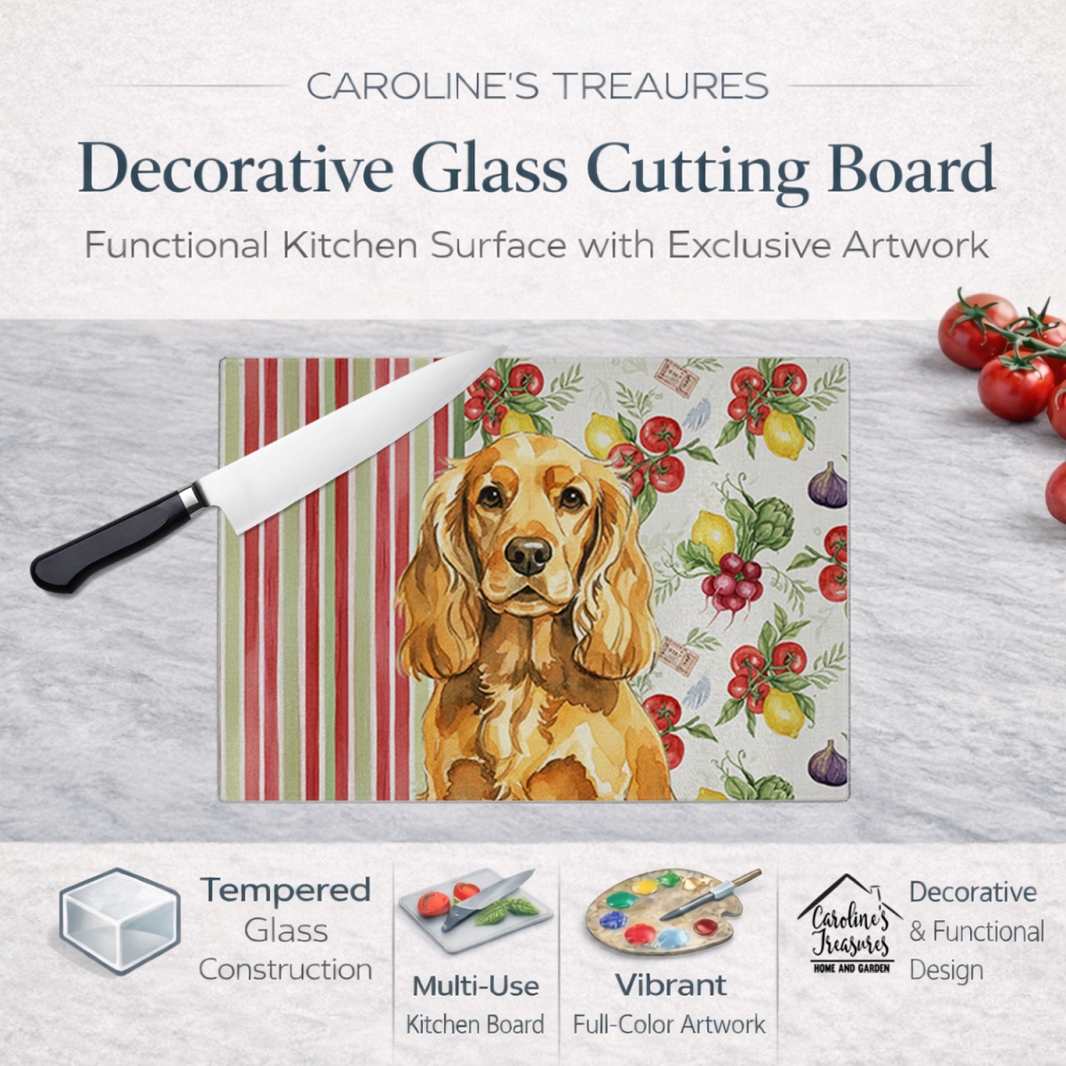 Picture of Carolines Treasures WDK8218LCB 11.25 x 15.25 in. Golden English Cocker Spaniel Vegetables Glass Cutting Board