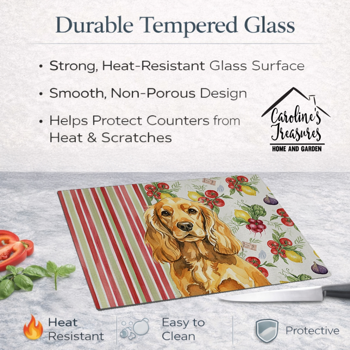 Picture of Carolines Treasures WDK8218LCB 11.25 x 15.25 in. Golden English Cocker Spaniel Vegetables Glass Cutting Board