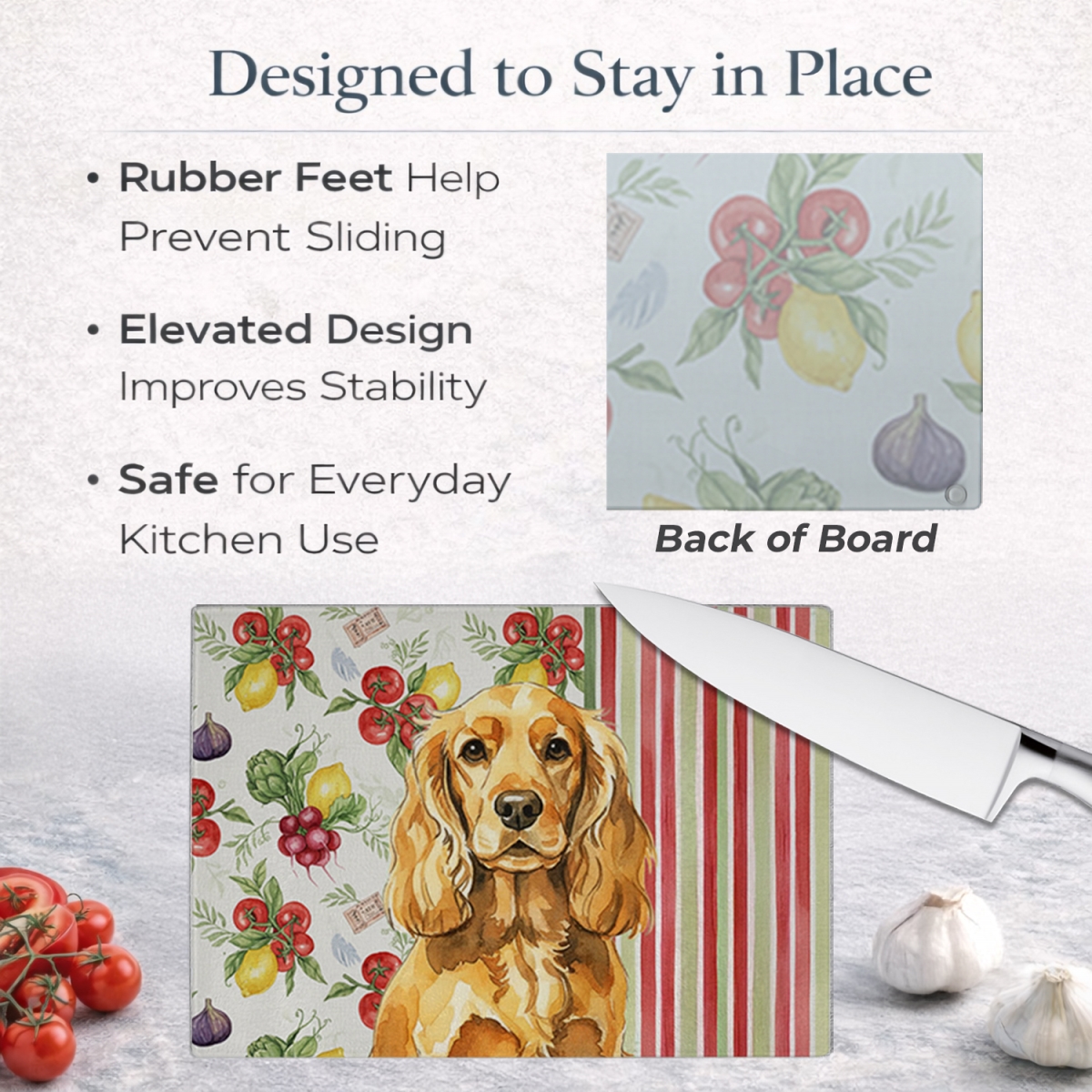 Picture of Carolines Treasures WDK8218LCB 11.25 x 15.25 in. Golden English Cocker Spaniel Vegetables Glass Cutting Board