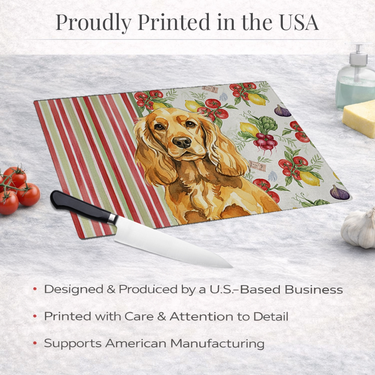 Picture of Carolines Treasures WDK8218LCB 11.25 x 15.25 in. Golden English Cocker Spaniel Vegetables Glass Cutting Board